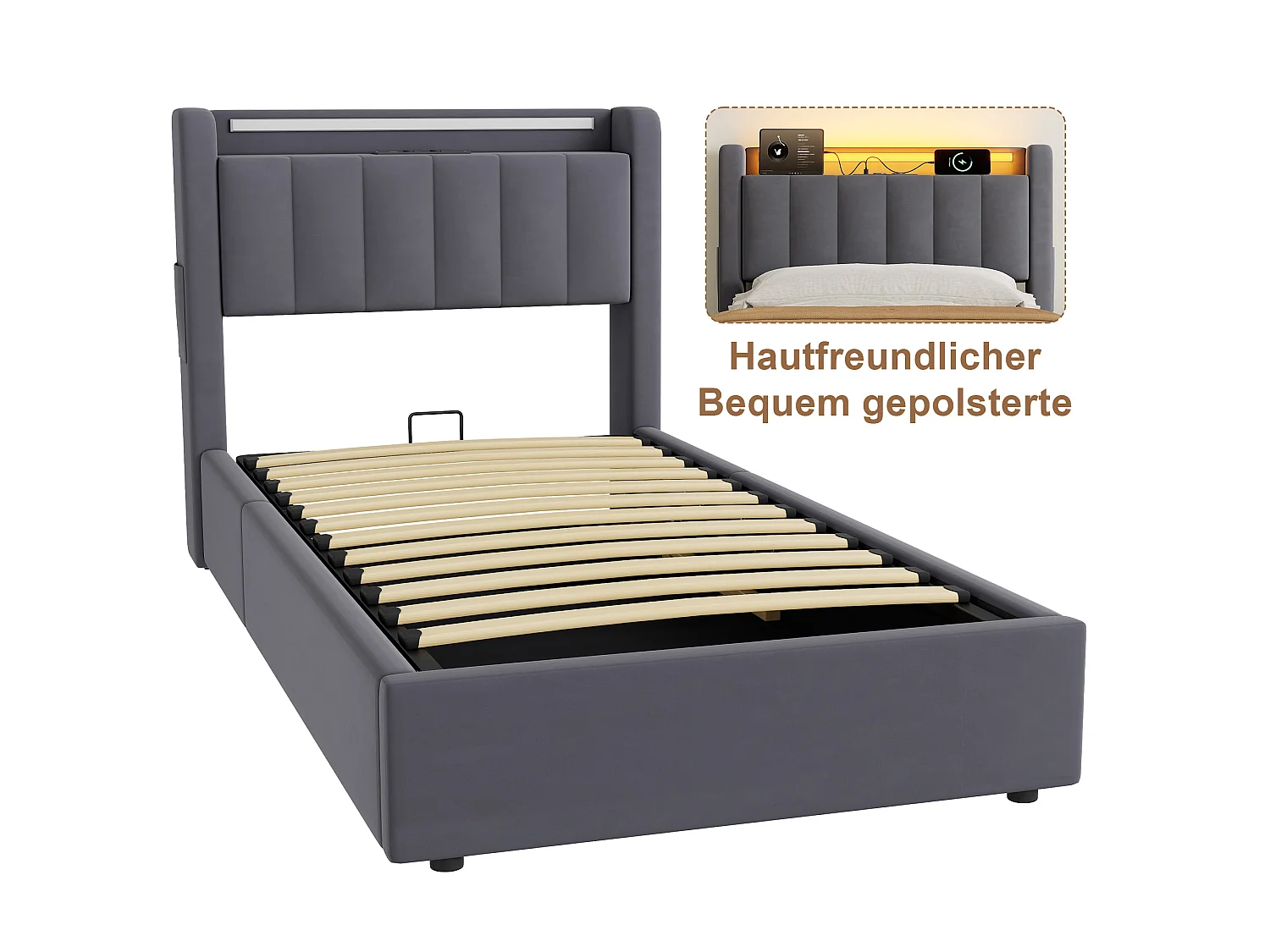 Lit coffre 90x190 cm avec LED, USB, rangement hydraulique et sommier à lattes, en velours gris foncé, sans matelas