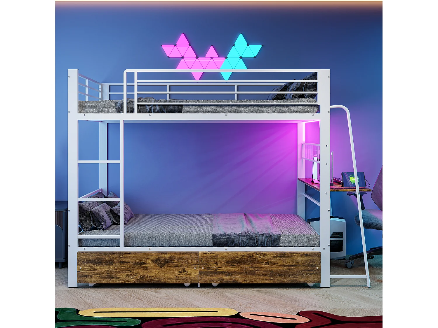 Łóżko piętrowe 90x200 cm białe metalowe, biurko wbudowane, szuflady magazynowe, oświetlenie LED, bez materaca