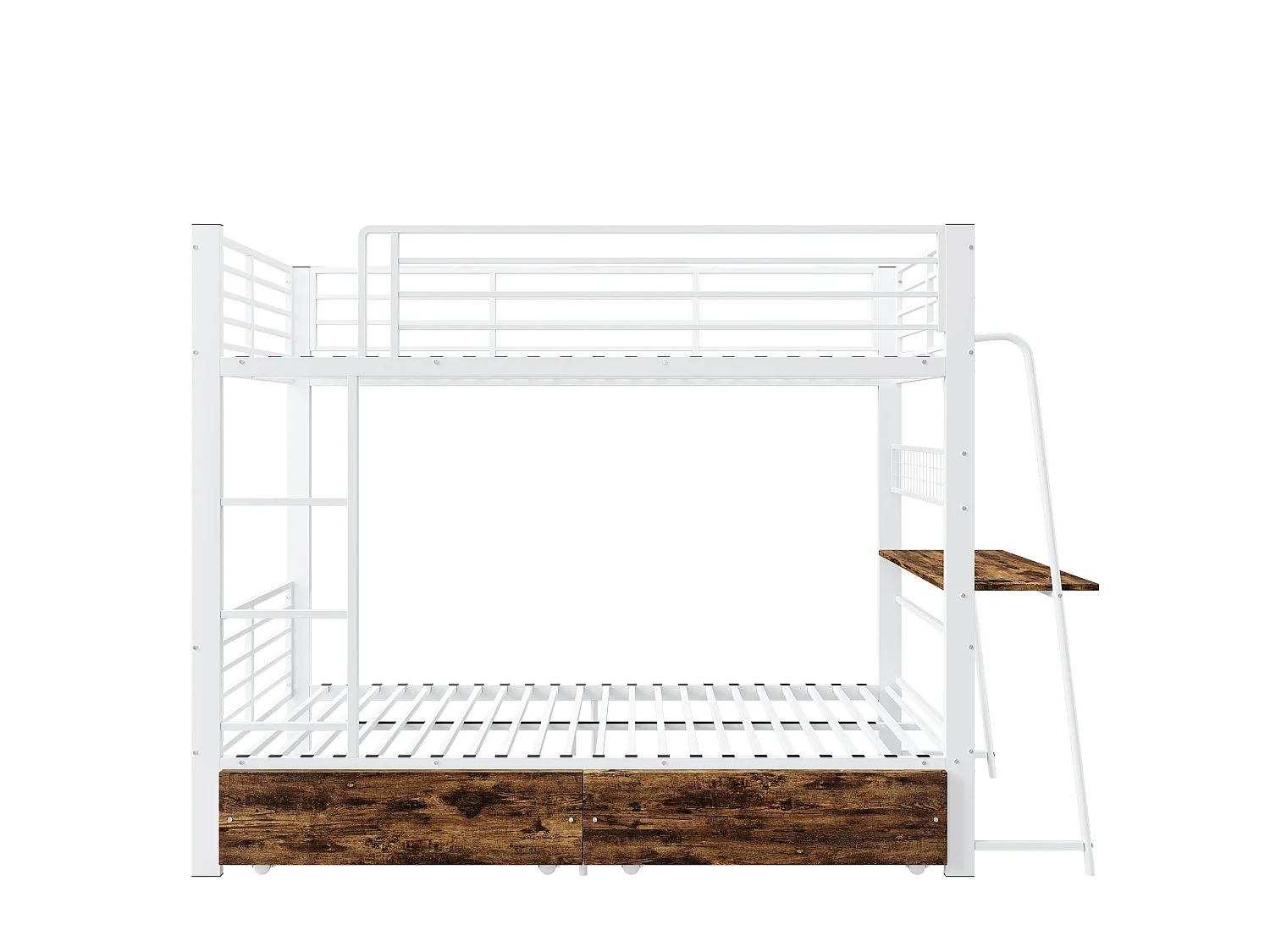 Łóżko piętrowe 90x200 cm białe metalowe, biurko wbudowane, szuflady magazynowe, oświetlenie LED, bez materaca