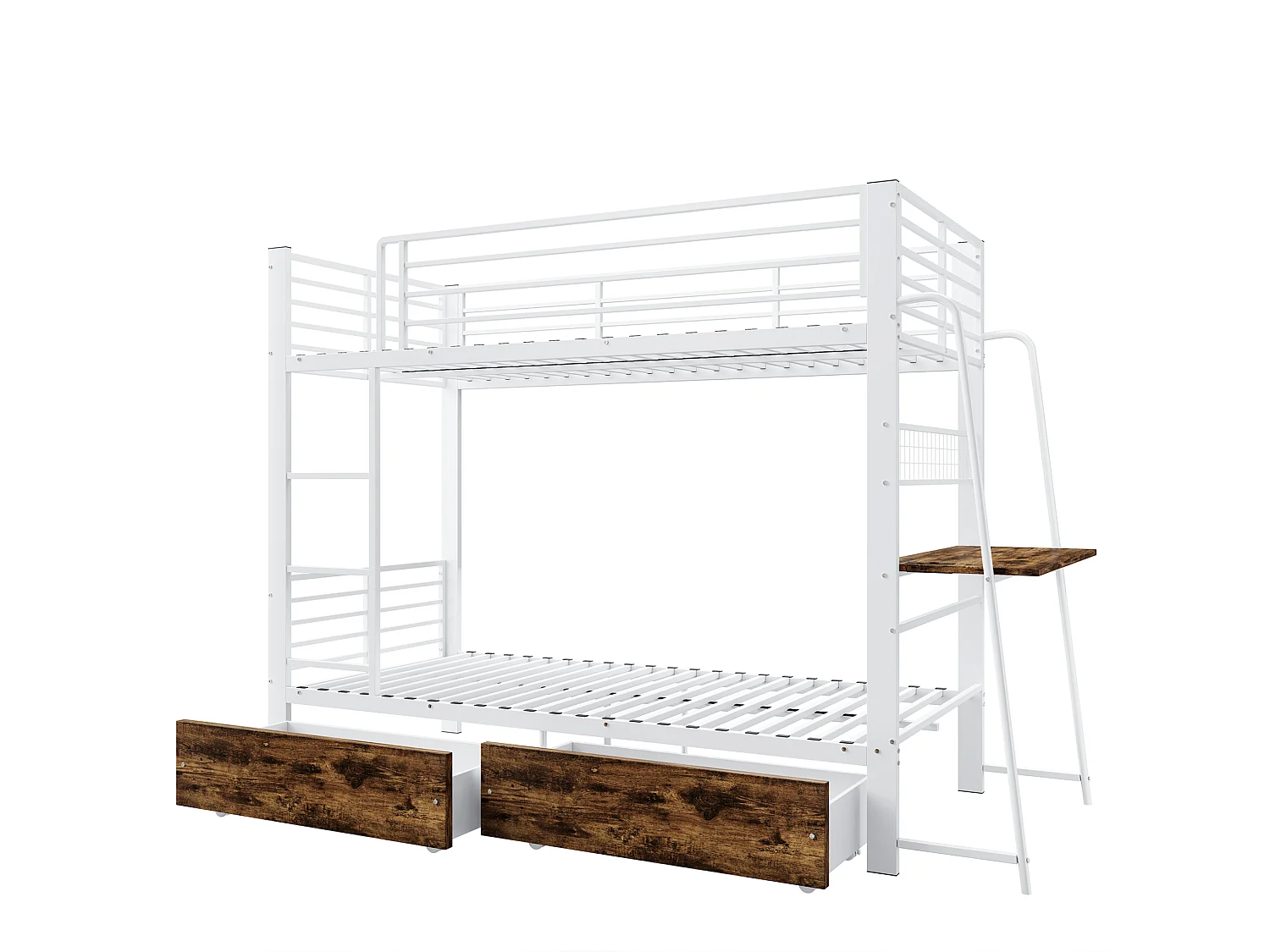 Łóżko piętrowe 90x200 cm białe metalowe, biurko wbudowane, szuflady magazynowe, oświetlenie LED, bez materaca