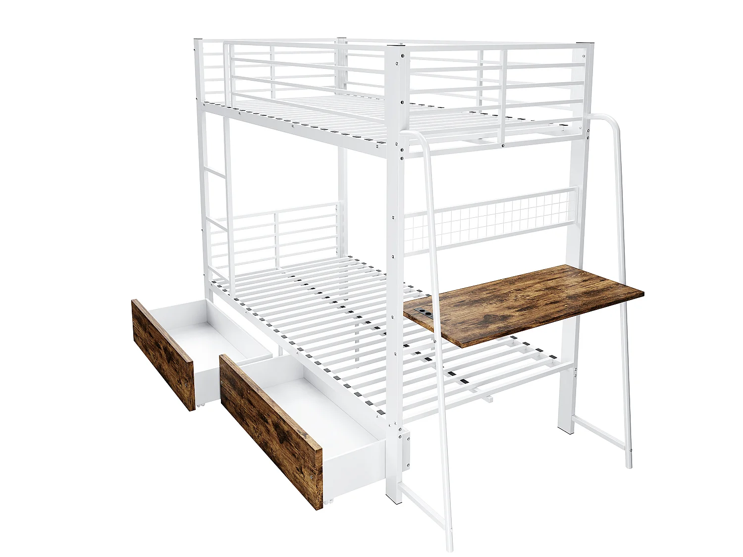 Łóżko piętrowe 90x200 cm białe metalowe, biurko wbudowane, szuflady magazynowe, oświetlenie LED, bez materaca