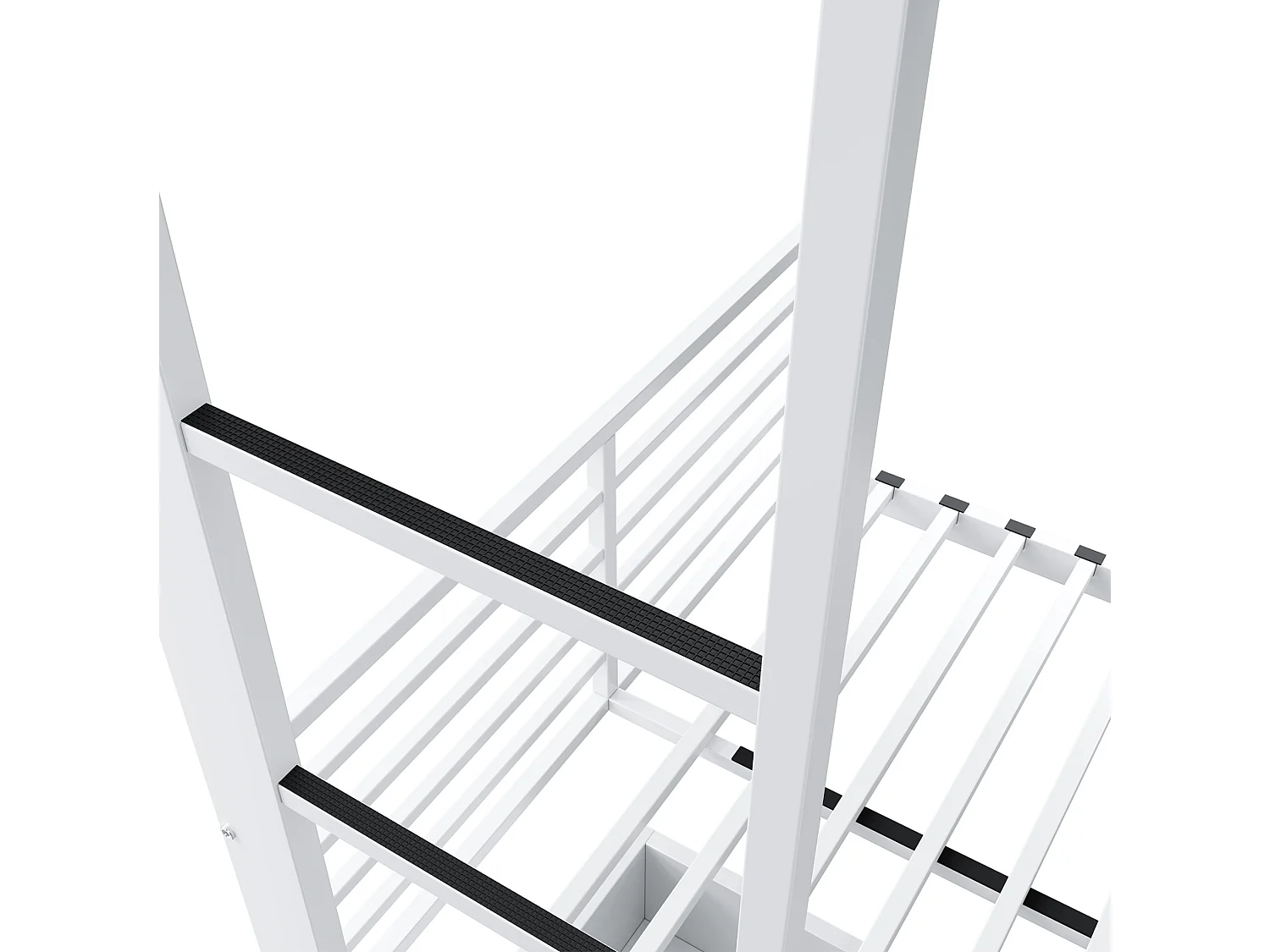 Łóżko piętrowe 90x200 cm białe metalowe, biurko wbudowane, szuflady magazynowe, oświetlenie LED, bez materaca