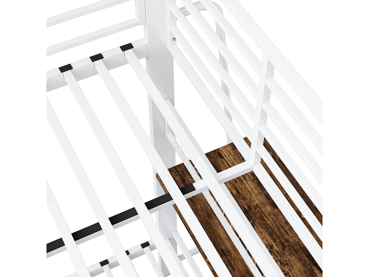 Łóżko piętrowe 90x200 cm białe metalowe, biurko wbudowane, szuflady magazynowe, oświetlenie LED, bez materaca