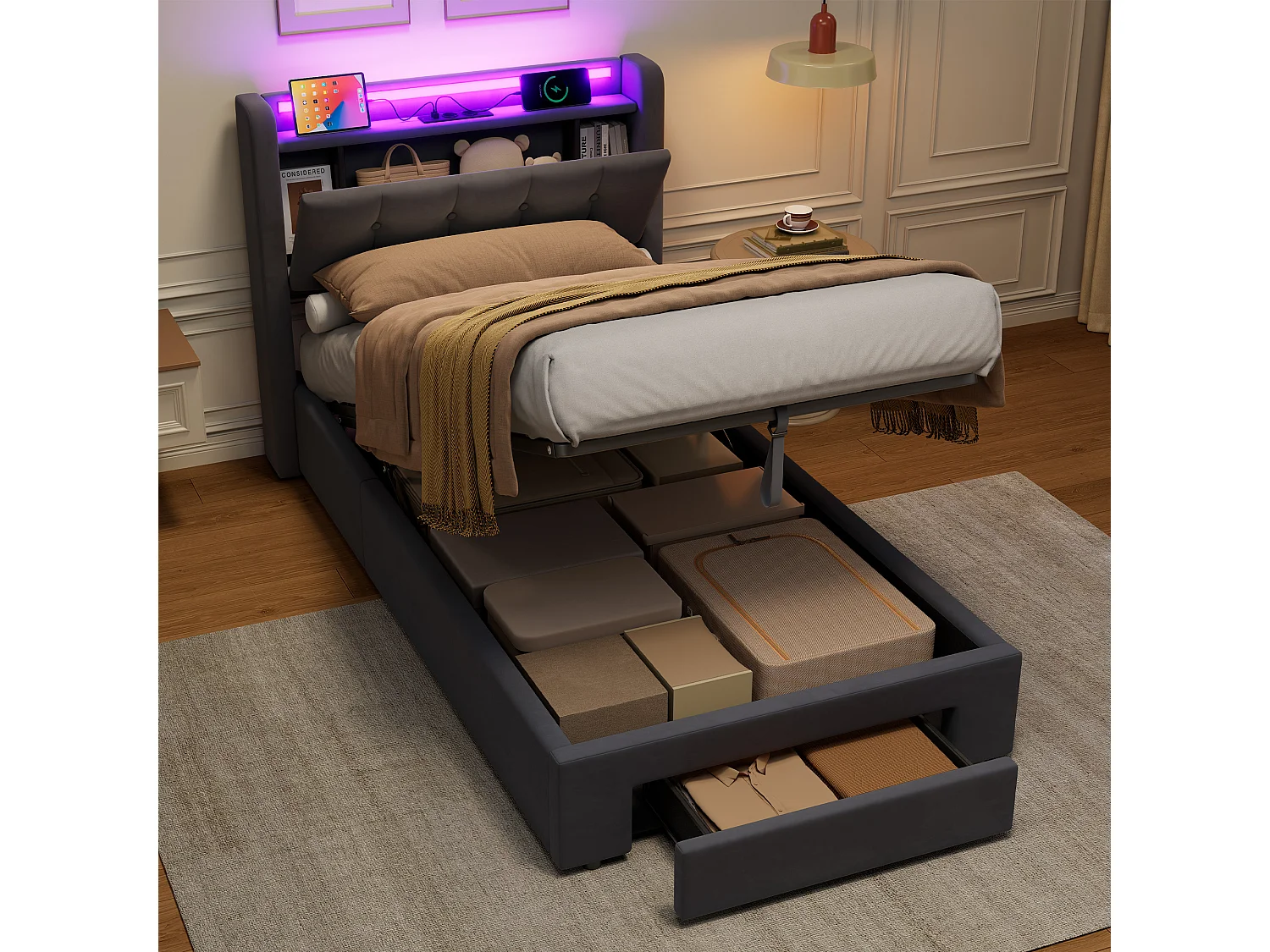Lit coffre 90x200 cm avec tiroirs, LED, USB et sommier à lattes, rangement de chevet, en velours gris, sans matelas