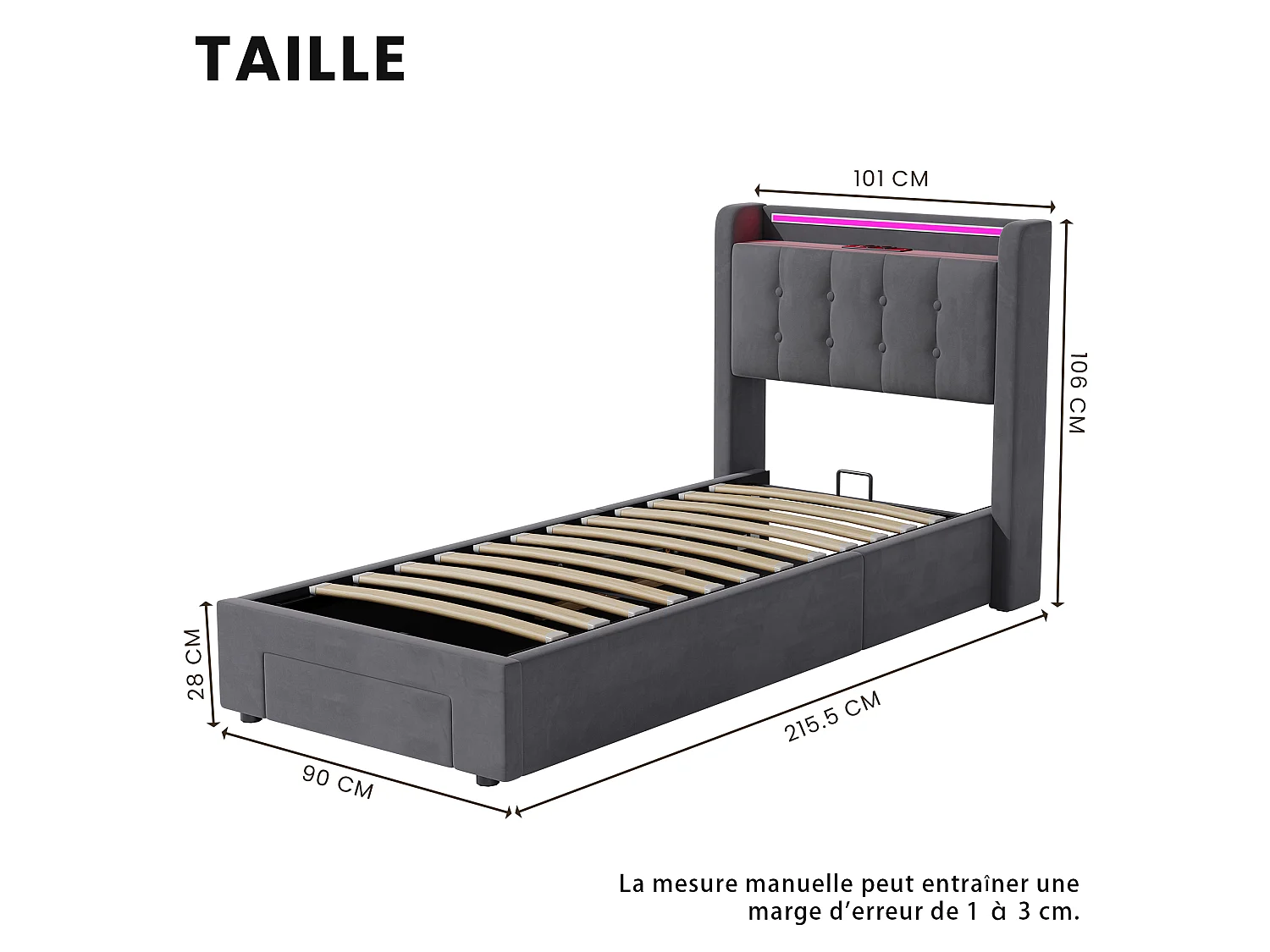 Lit coffre 90x200 cm avec tiroirs, LED, USB et sommier à lattes, rangement de chevet, en velours gris, sans matelas