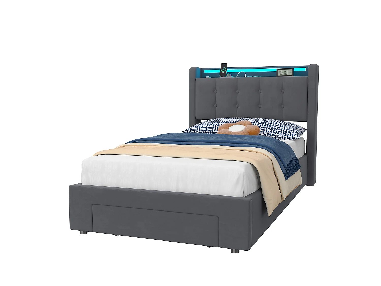 Lit coffre 90x200 cm avec tiroirs, LED, USB et sommier à lattes, rangement de chevet, en velours gris, sans matelas