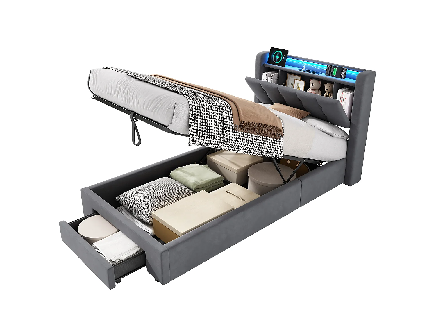 Lit coffre 90x200 cm avec tiroirs, LED, USB et sommier à lattes, rangement de chevet, en velours gris, sans matelas