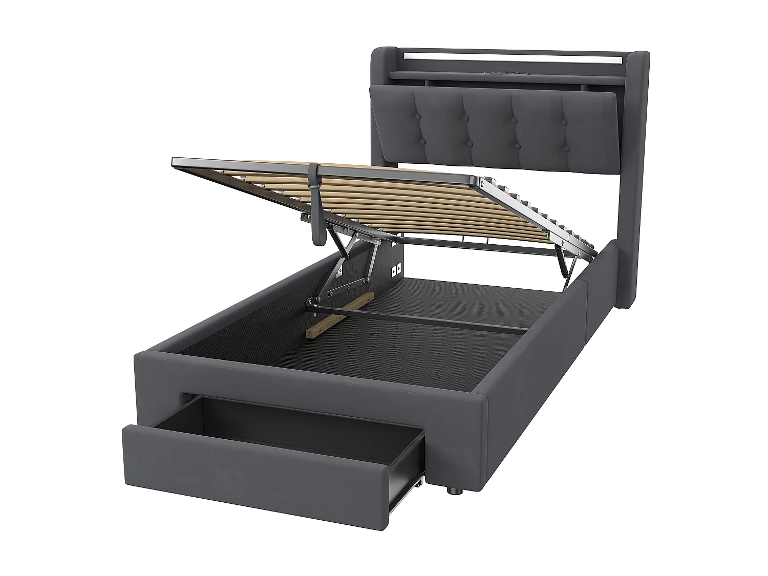 Lit coffre 90x200 cm avec tiroirs, LED, USB et sommier à lattes, rangement de chevet, en velours gris, sans matelas
