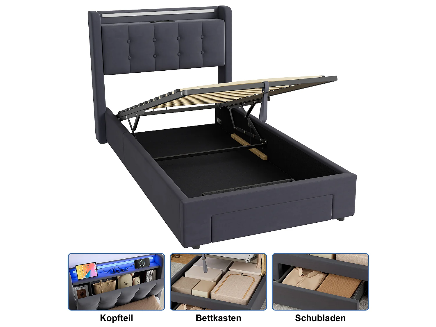 Lit coffre 90x200 cm avec tiroirs, LED, USB et sommier à lattes, rangement de chevet, en velours gris, sans matelas