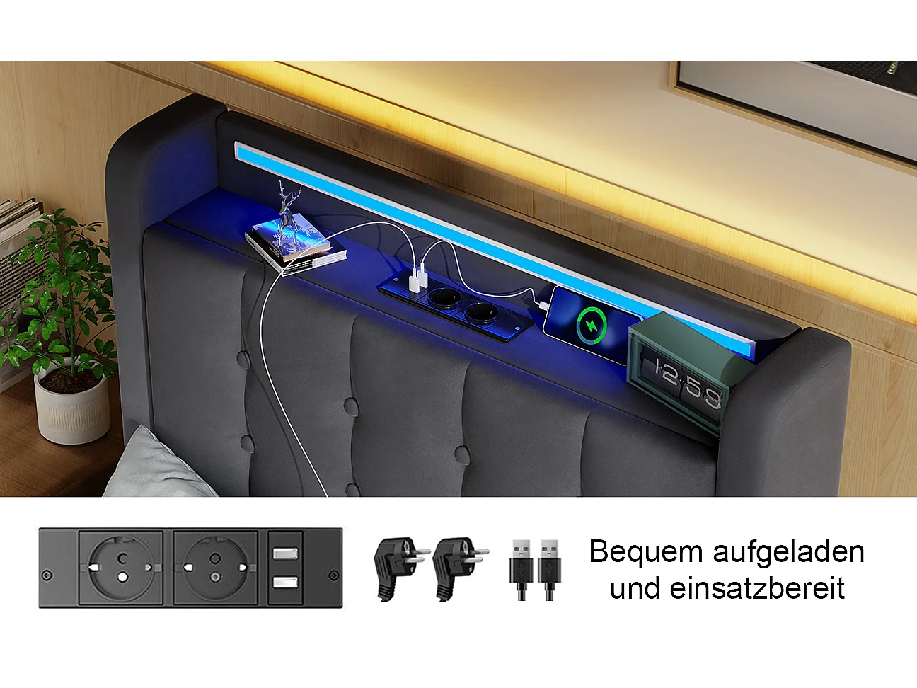 Lit coffre 90x200 cm avec tiroirs, LED, USB et sommier à lattes, rangement de chevet, en velours gris, sans matelas