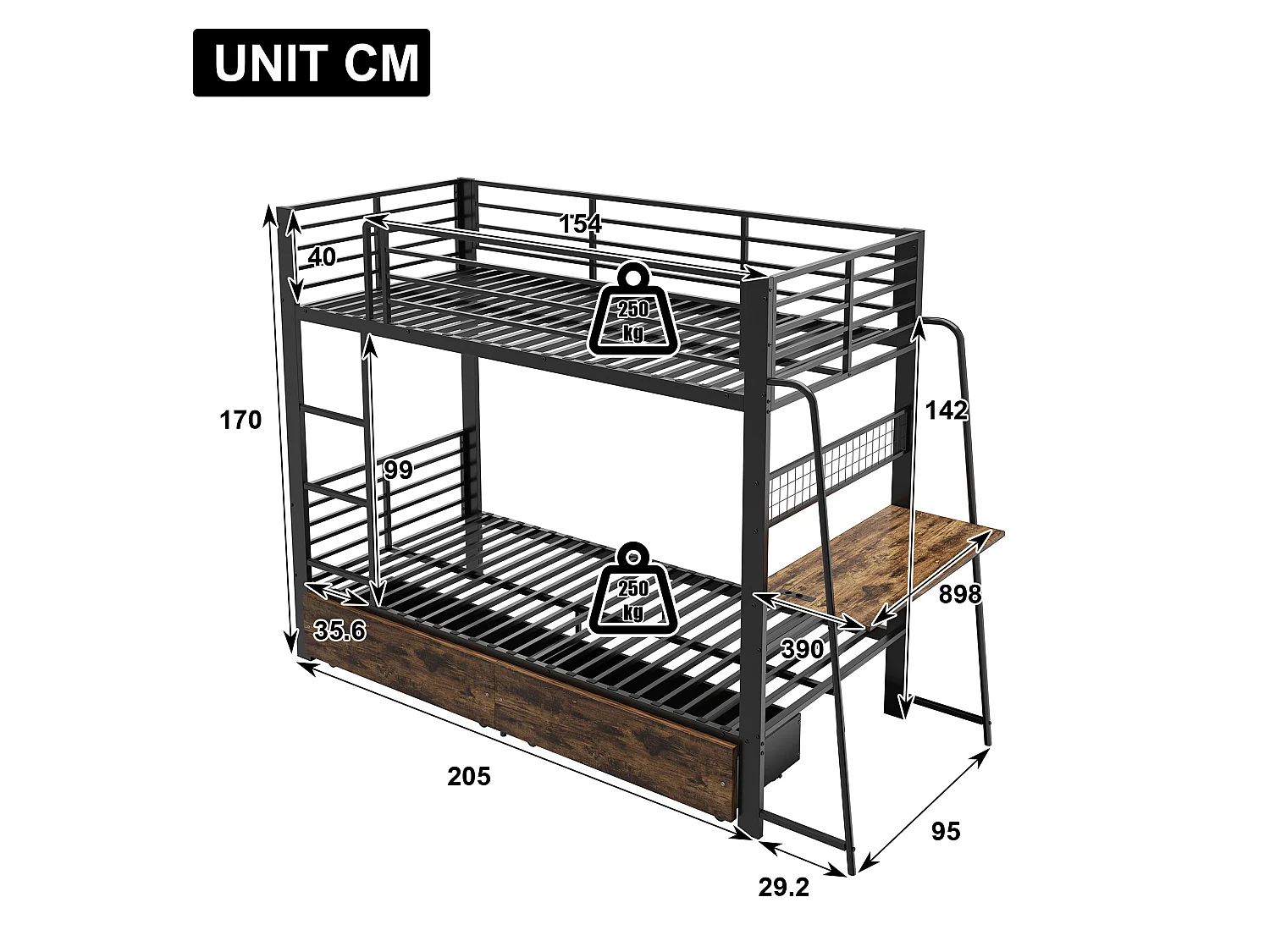 Łóżko piętrowe 90 x 200 cm z czarnego metalu ze zintegrowanym biurkiem, szufladami magazynowymi i oświetleniem LED, bez materaca