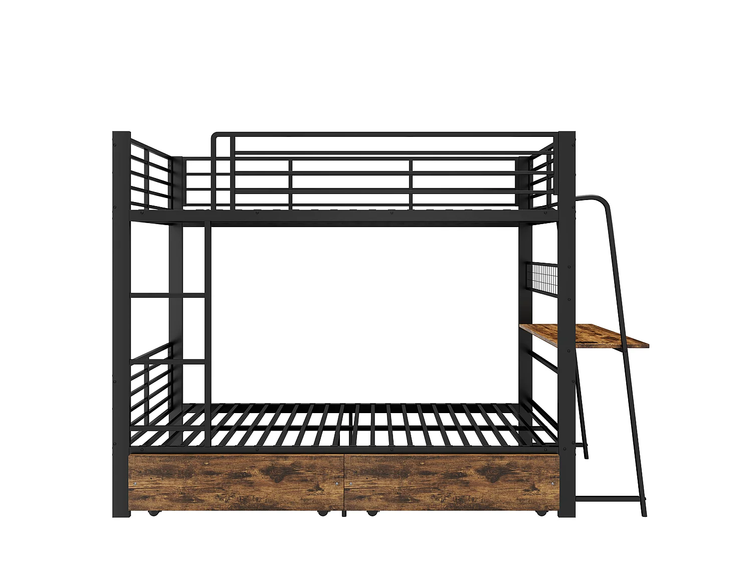 Łóżko piętrowe 90 x 200 cm z czarnego metalu ze zintegrowanym biurkiem, szufladami magazynowymi i oświetleniem LED, bez materaca