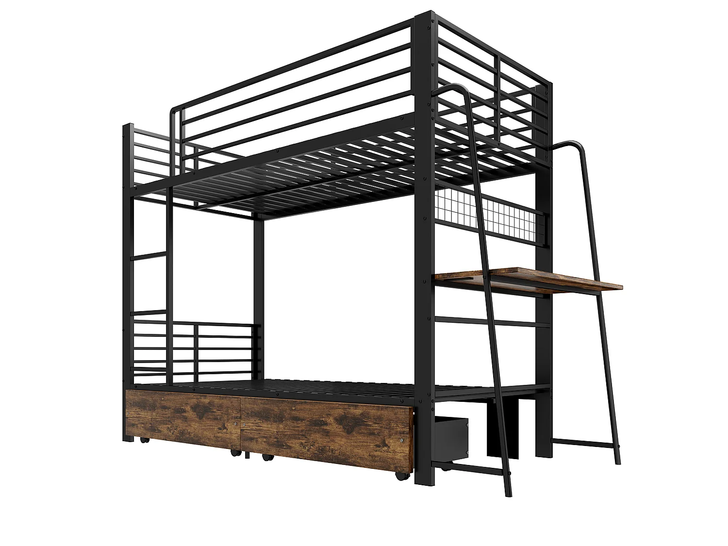Łóżko piętrowe 90 x 200 cm z czarnego metalu ze zintegrowanym biurkiem, szufladami magazynowymi i oświetleniem LED, bez materaca