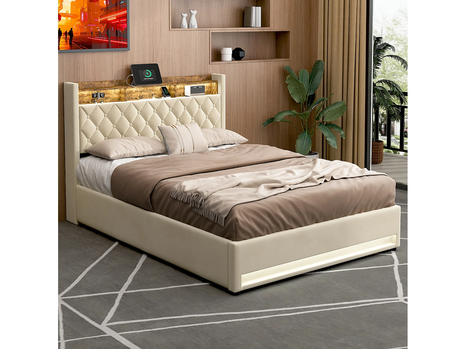 Letto contenitore 160x200 cm in velluto beige, illuminazione LED, porte USB, apertura idraulica e rete a doghe, senza materasso