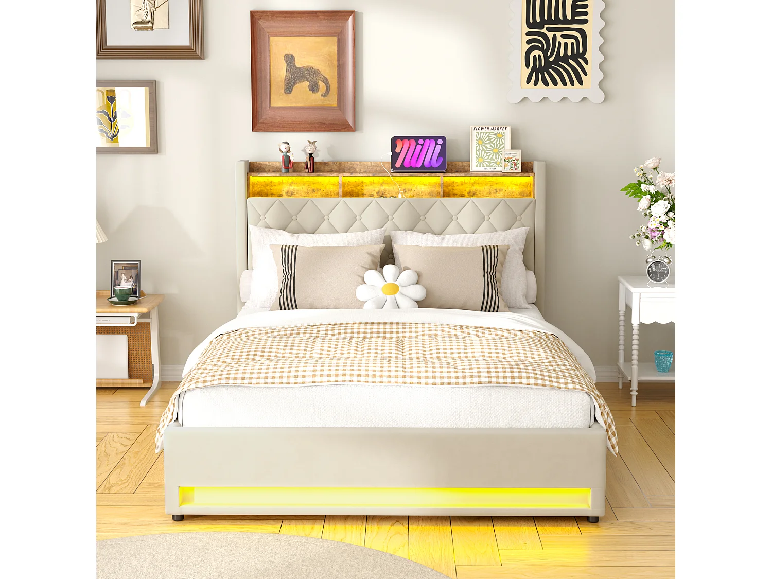 Letto contenitore 160x200 cm in velluto beige, illuminazione LED, porte USB, apertura idraulica e rete a doghe, senza materasso