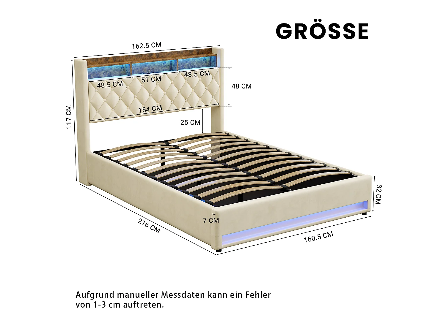 Letto contenitore 160x200 cm in velluto beige, illuminazione LED, porte USB, apertura idraulica e rete a doghe, senza materasso