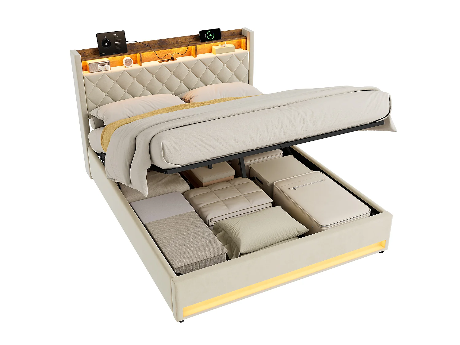 Letto contenitore 160x200 cm in velluto beige, illuminazione LED, porte USB, apertura idraulica e rete a doghe, senza materasso