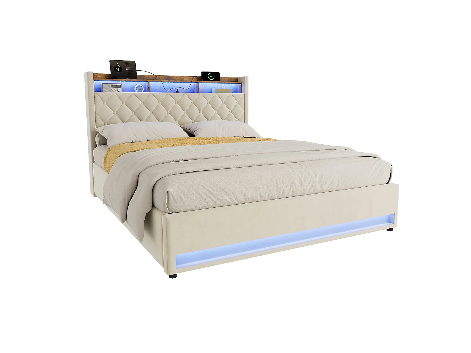Letto contenitore 160x200 cm in velluto beige, illuminazione LED, porte USB, apertura idraulica e rete a doghe, senza materasso