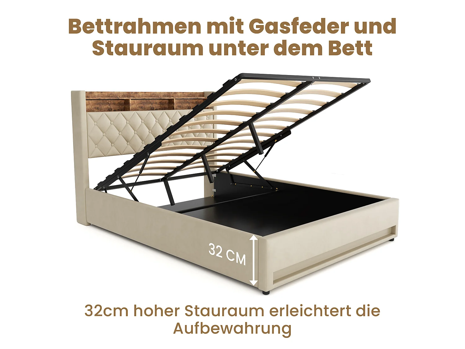 Letto contenitore 160x200 cm in velluto beige, illuminazione LED, porte USB, apertura idraulica e rete a doghe, senza materasso