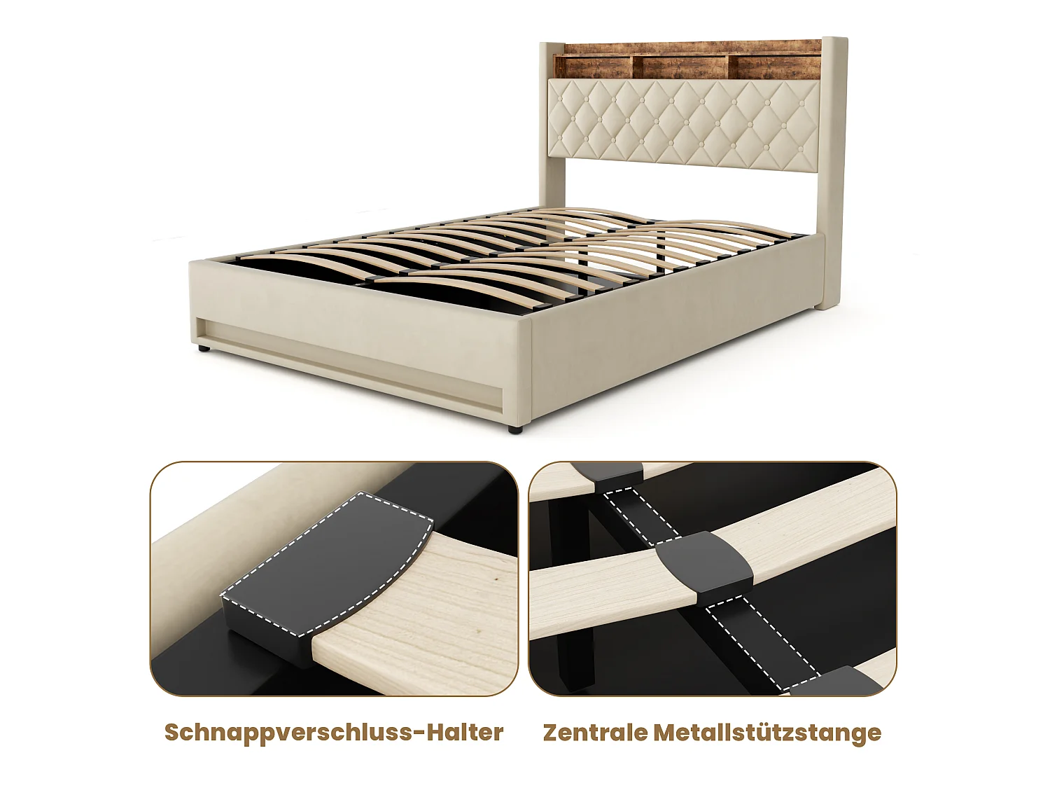 Letto contenitore 160x200 cm in velluto beige, illuminazione LED, porte USB, apertura idraulica e rete a doghe, senza materasso