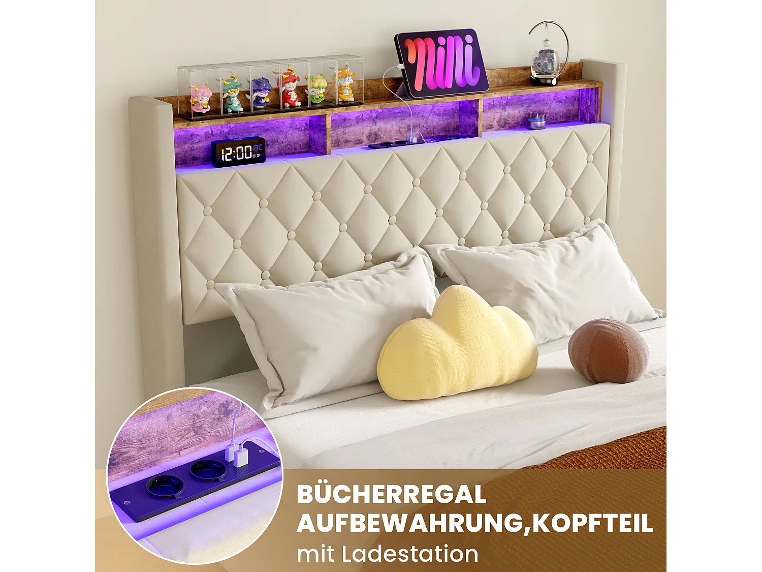 Letto contenitore 160x200 cm in velluto beige, illuminazione LED, porte USB, apertura idraulica e rete a doghe, senza materasso