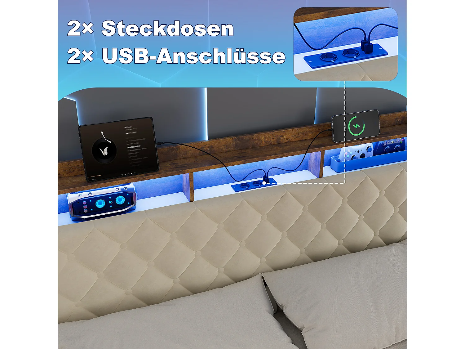 Letto contenitore 160x200 cm in velluto beige, illuminazione LED, porte USB, apertura idraulica e rete a doghe, senza materasso
