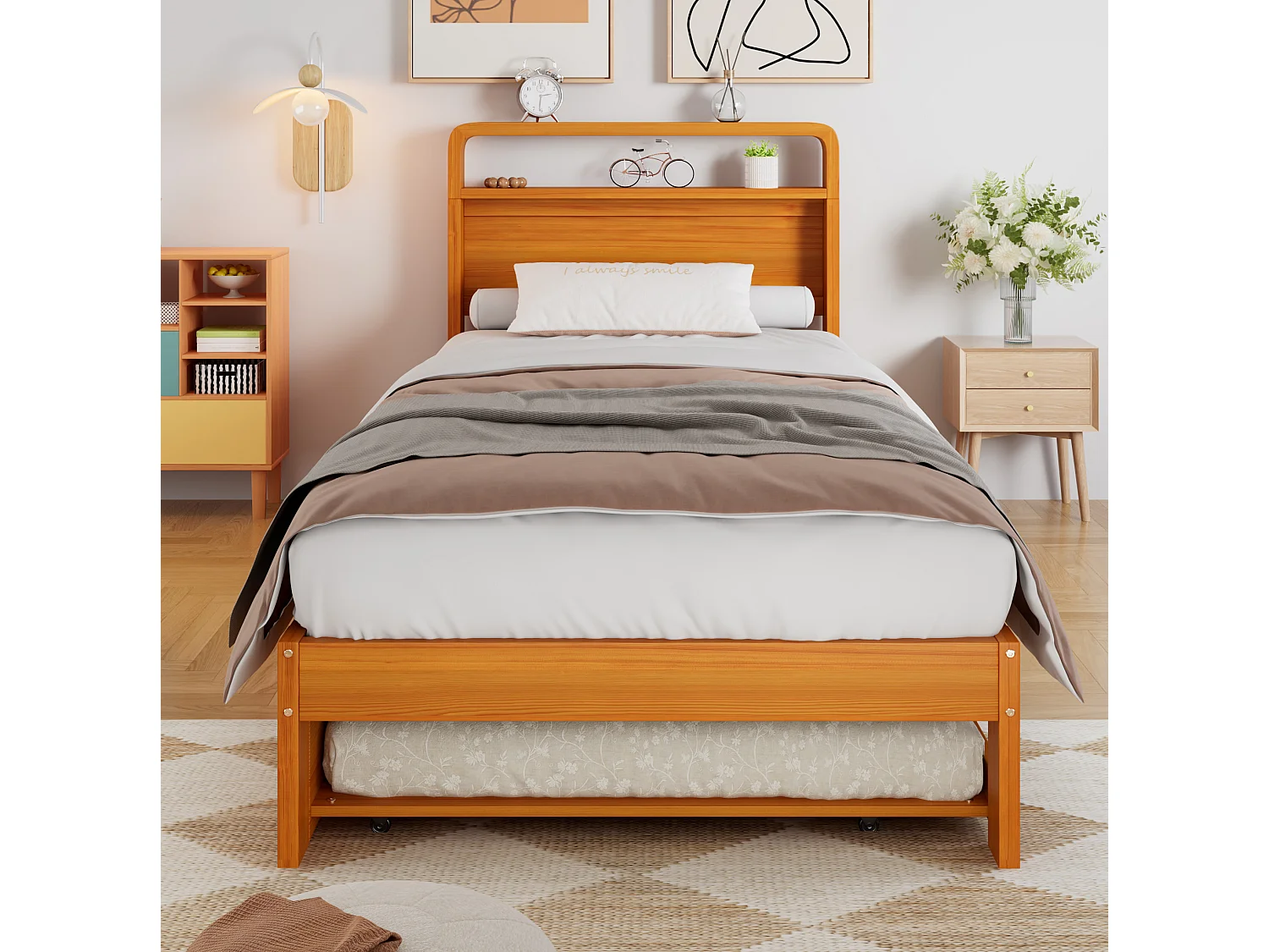 Lit gigogne enfant 90x200 cm en bois naturel, lit d'appoint 90x190 cm inclus, tête de lit arrondie, sans matelas