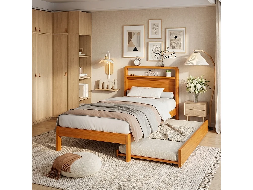 Lit gigogne enfant 90x200 cm en bois naturel, lit d'appoint 90x190 cm inclus, tête de lit arrondie, sans matelas