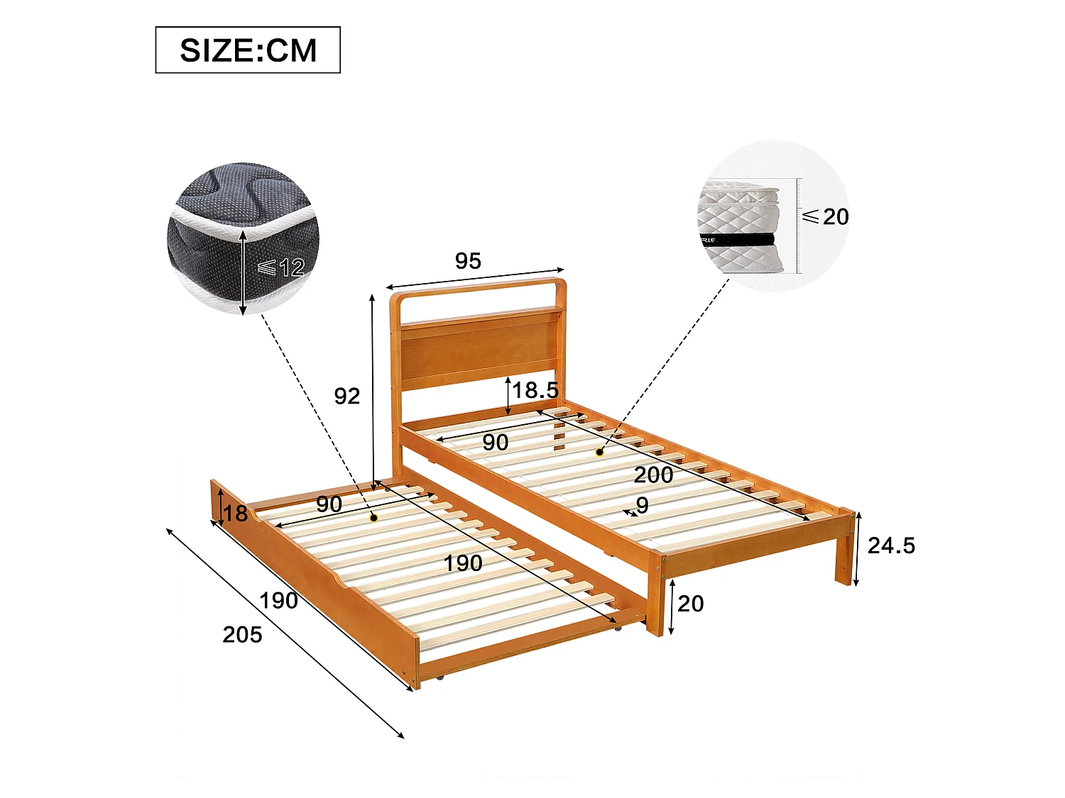 Lit gigogne enfant 90x200 cm en bois naturel, lit d'appoint 90x190 cm inclus, tête de lit arrondie, sans matelas