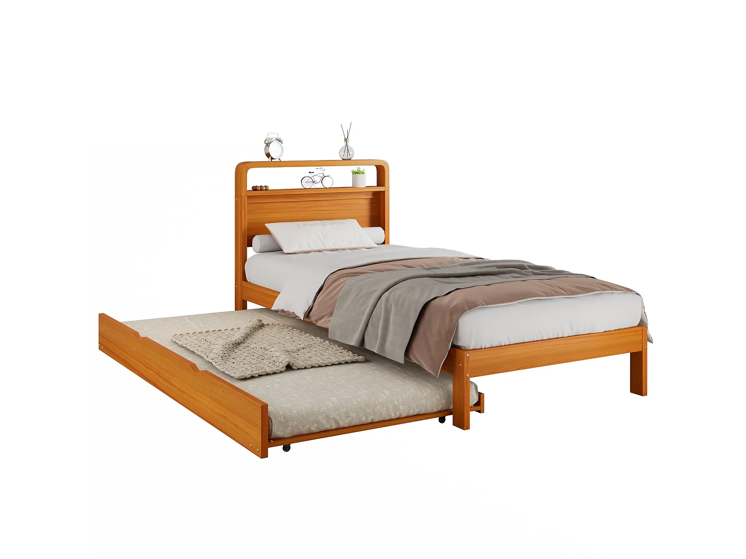 Lit gigogne enfant 90x200 cm en bois naturel, lit d'appoint 90x190 cm inclus, tête de lit arrondie, sans matelas