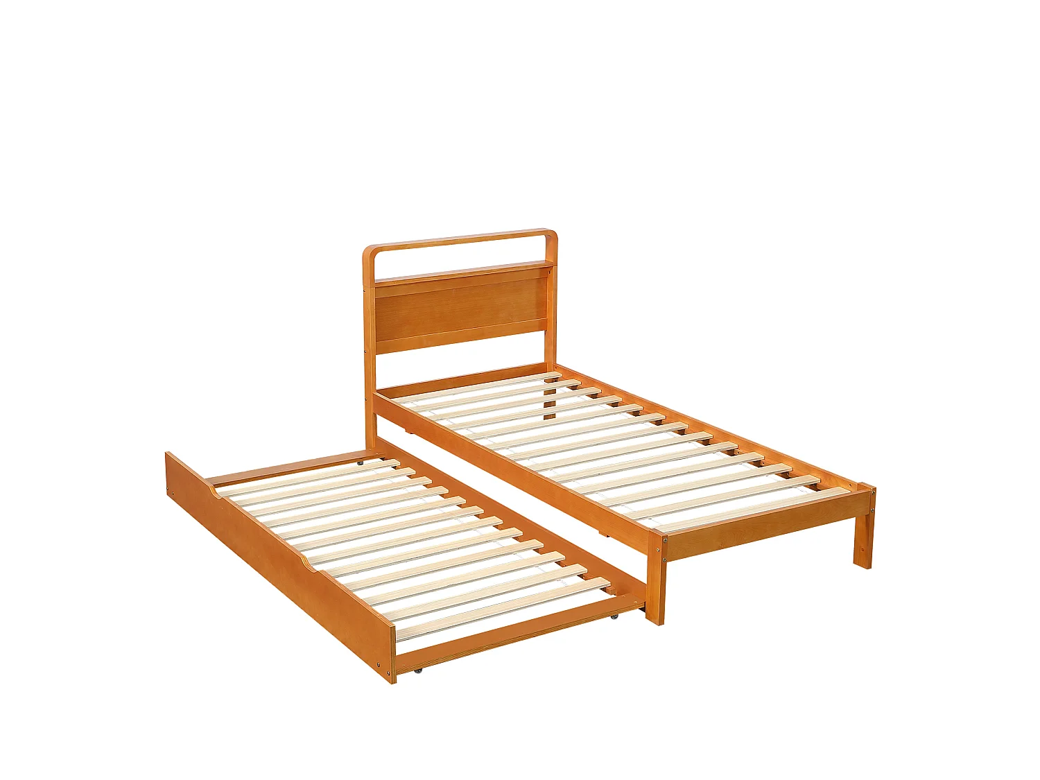 Lit gigogne enfant 90x200 cm en bois naturel, lit d'appoint 90x190 cm inclus, tête de lit arrondie, sans matelas