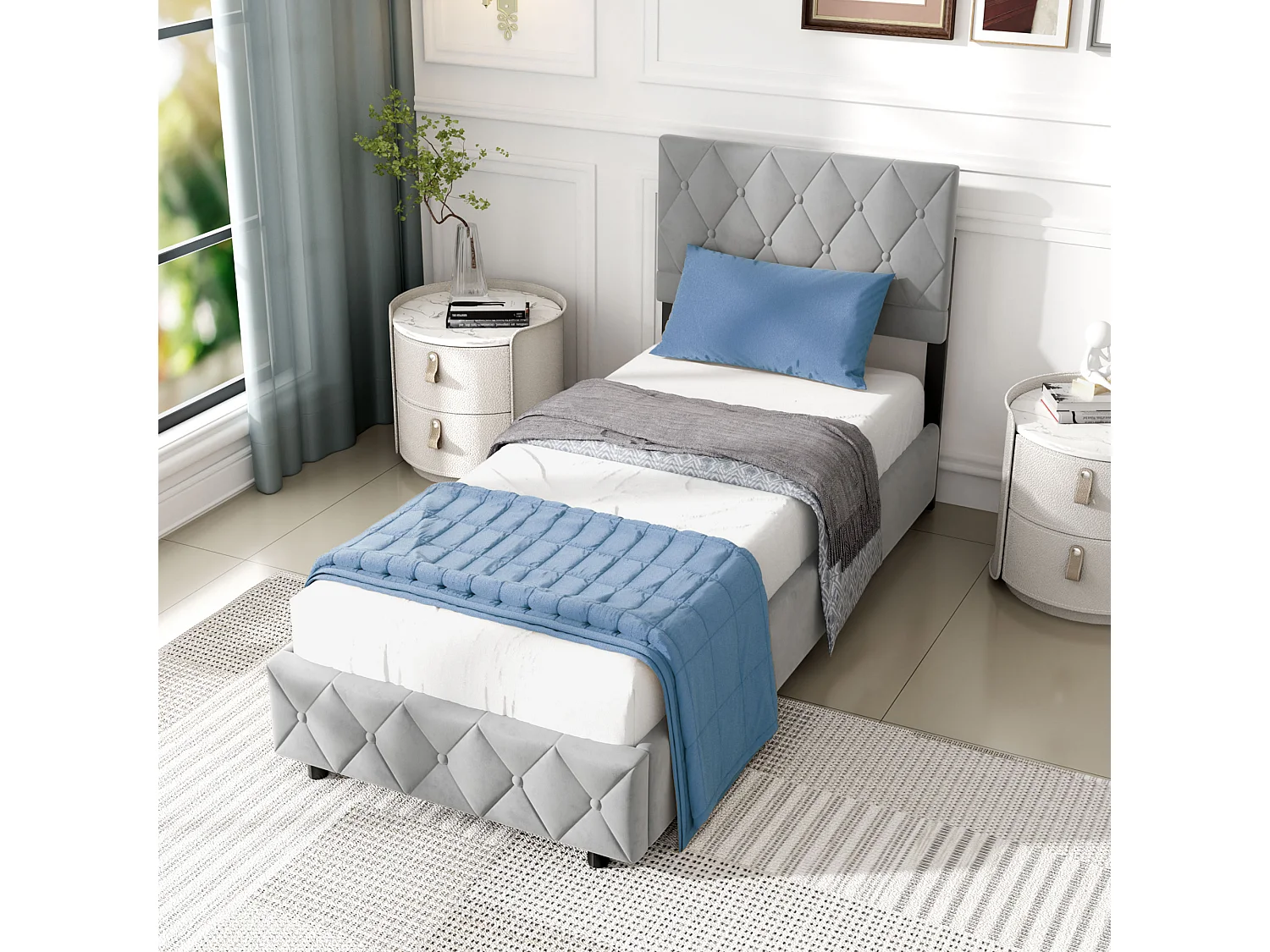 Lit coffre 90x200 cm avec grand rangement, sommier et ouverture hydraulique, en velours gris, sans matelas