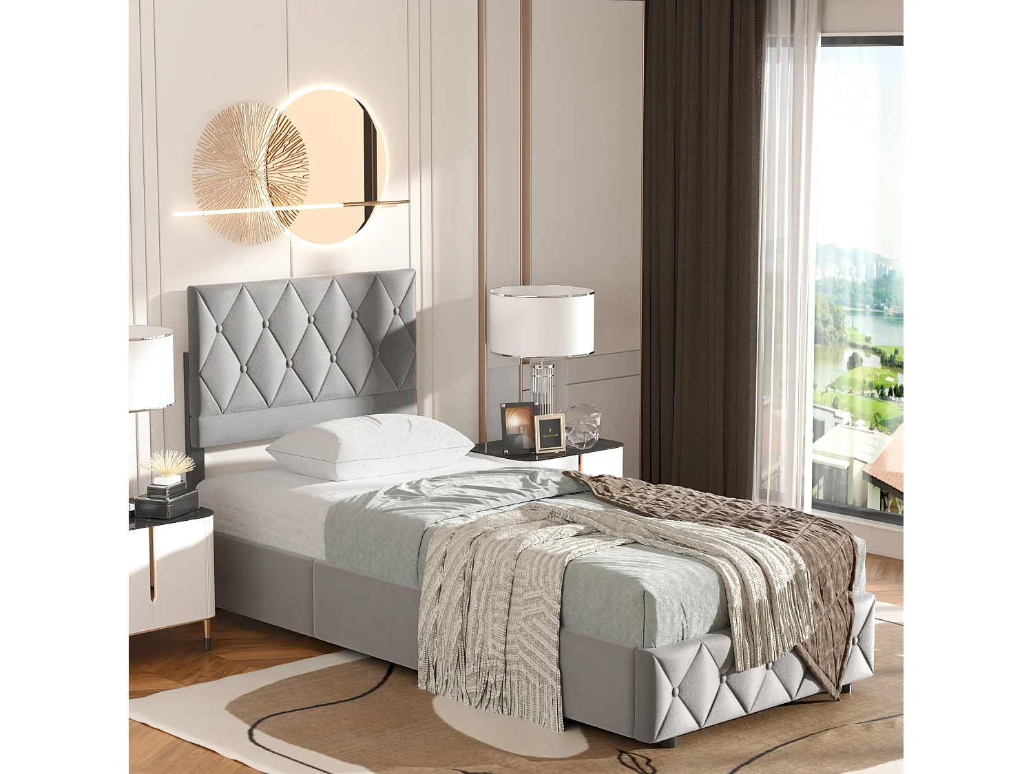 Lit coffre 90x200 cm avec grand rangement, sommier et ouverture hydraulique, en velours gris, sans matelas