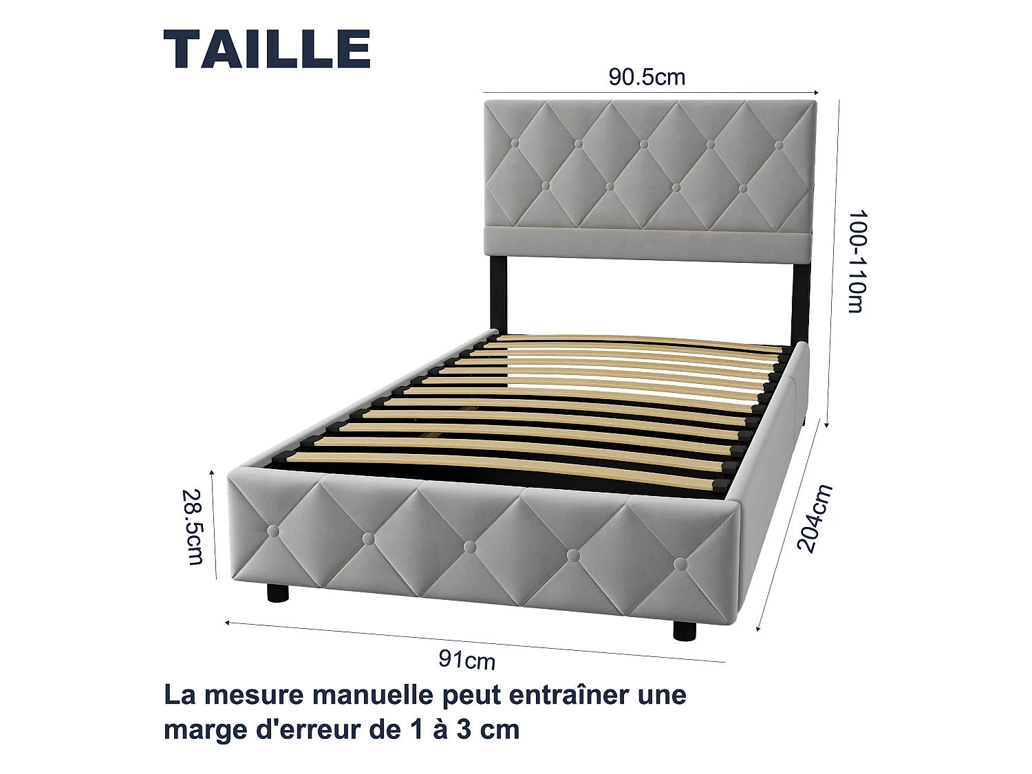 Lit coffre 90x200 cm avec grand rangement, sommier et ouverture hydraulique, en velours gris, sans matelas