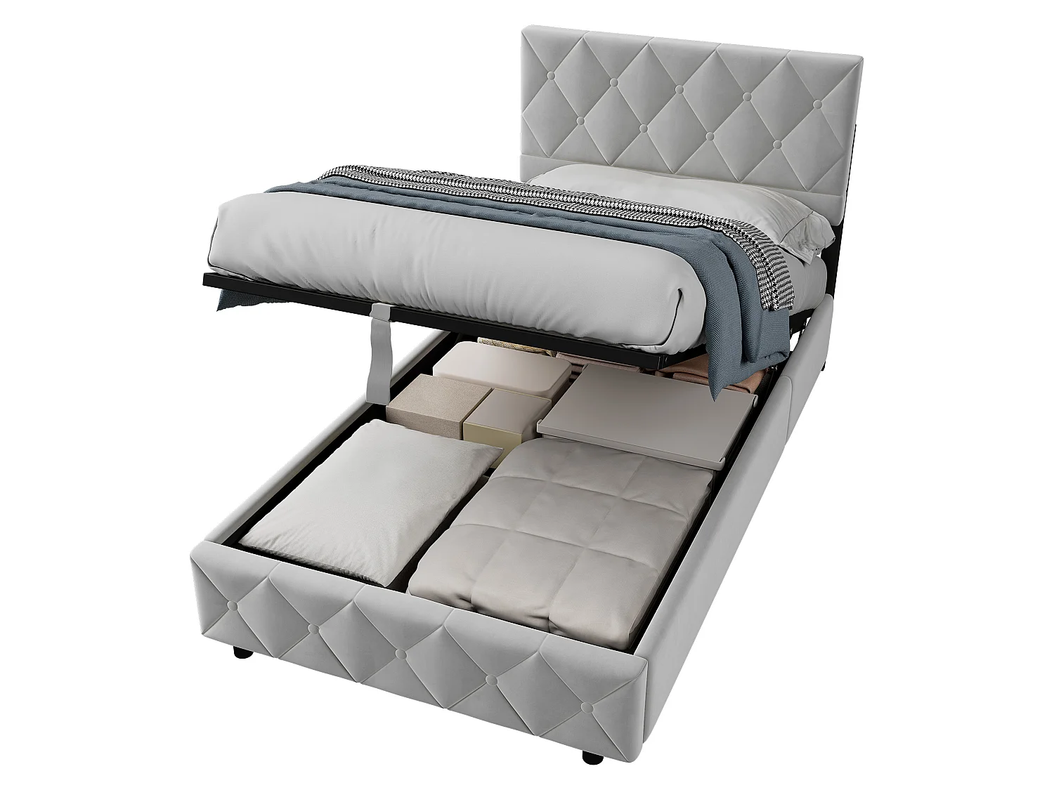 Lit coffre 90x200 cm avec grand rangement, sommier et ouverture hydraulique, en velours gris, sans matelas