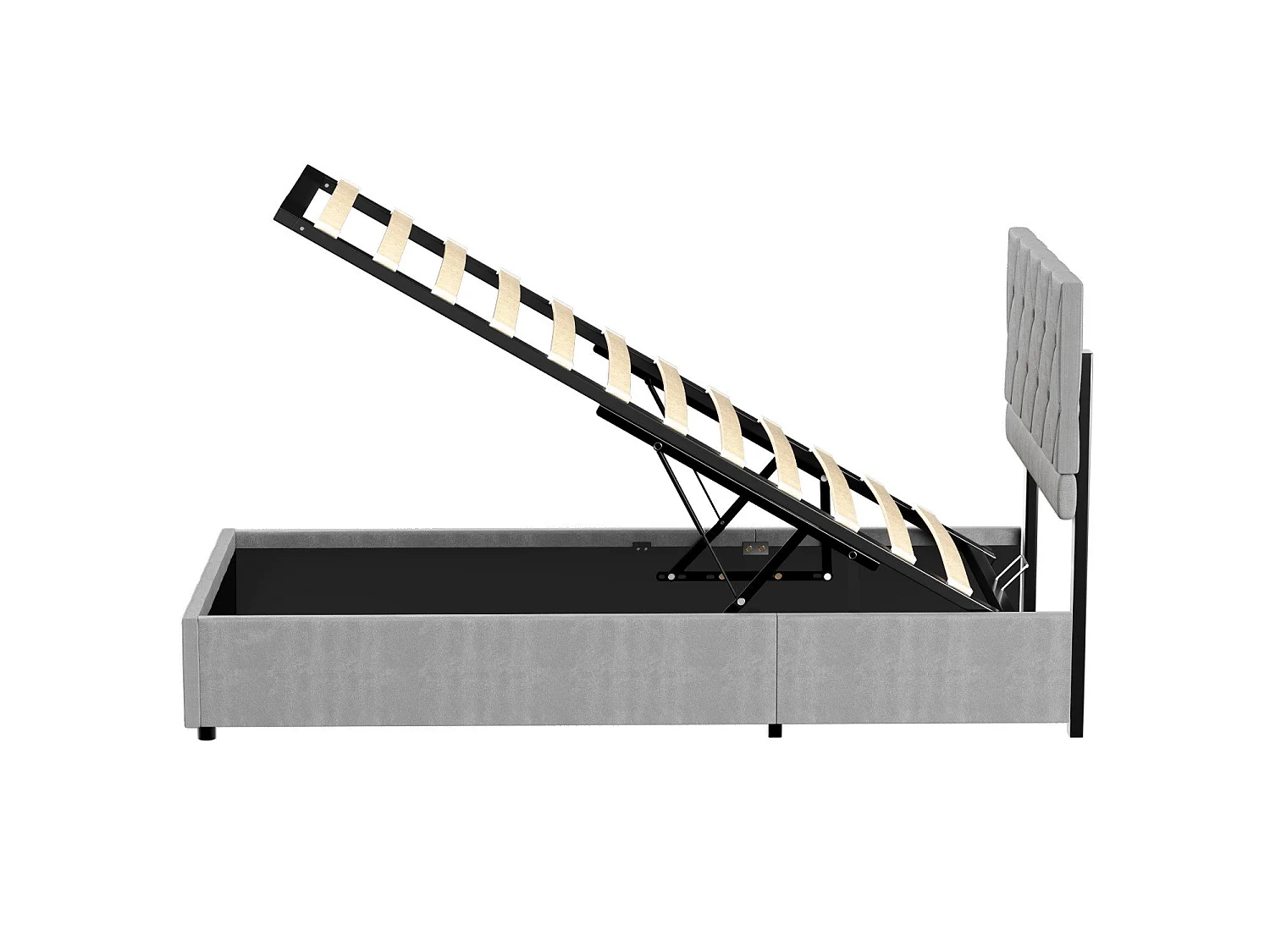 Lit coffre 90x200 cm avec grand rangement, sommier et ouverture hydraulique, en velours gris, sans matelas