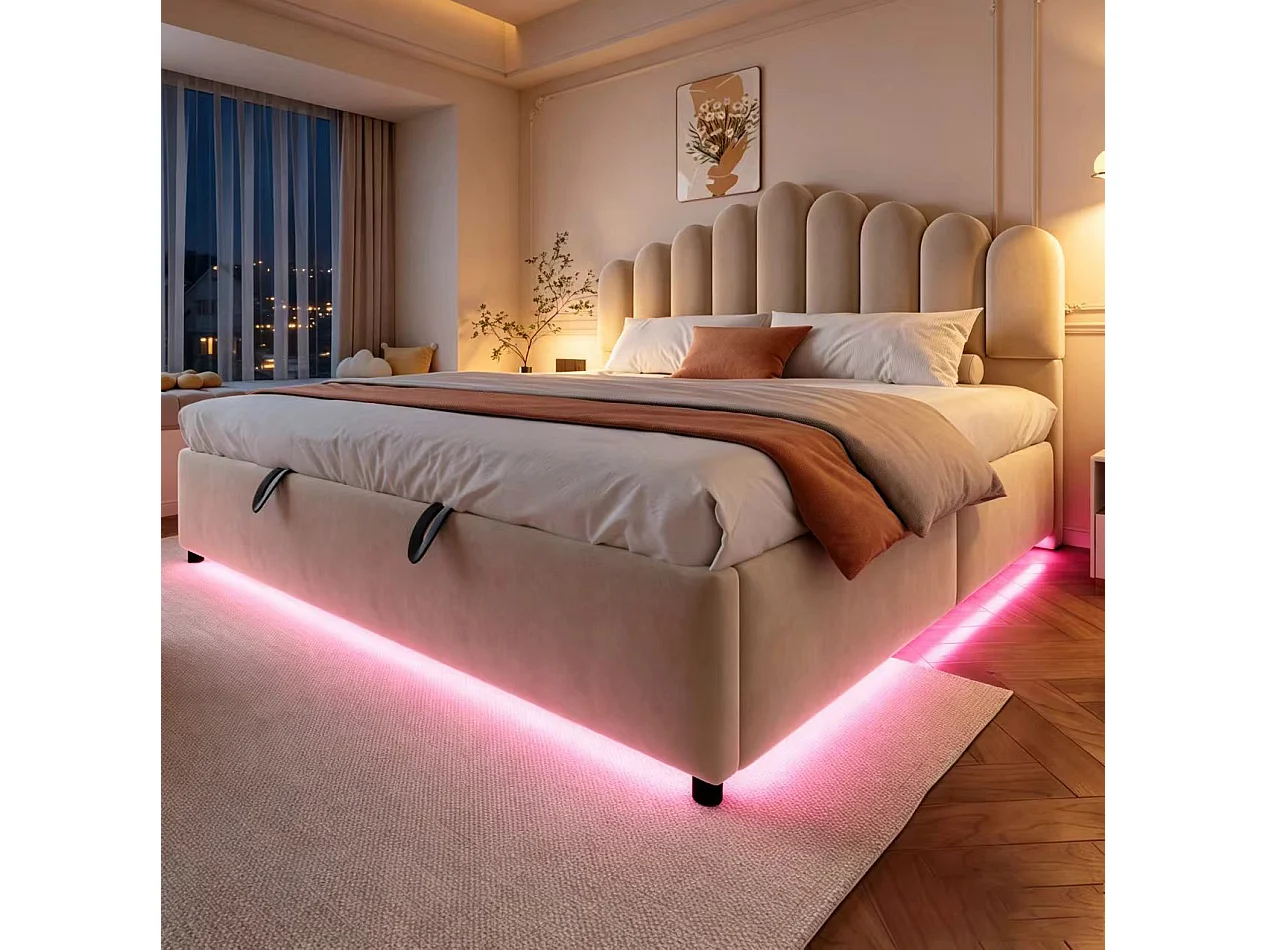 Łóżko z pojemnikiem 180x200 cm beżowe z aksamitu, oświetlenie LED, hydrauliczny system magazynowania, bez materaca