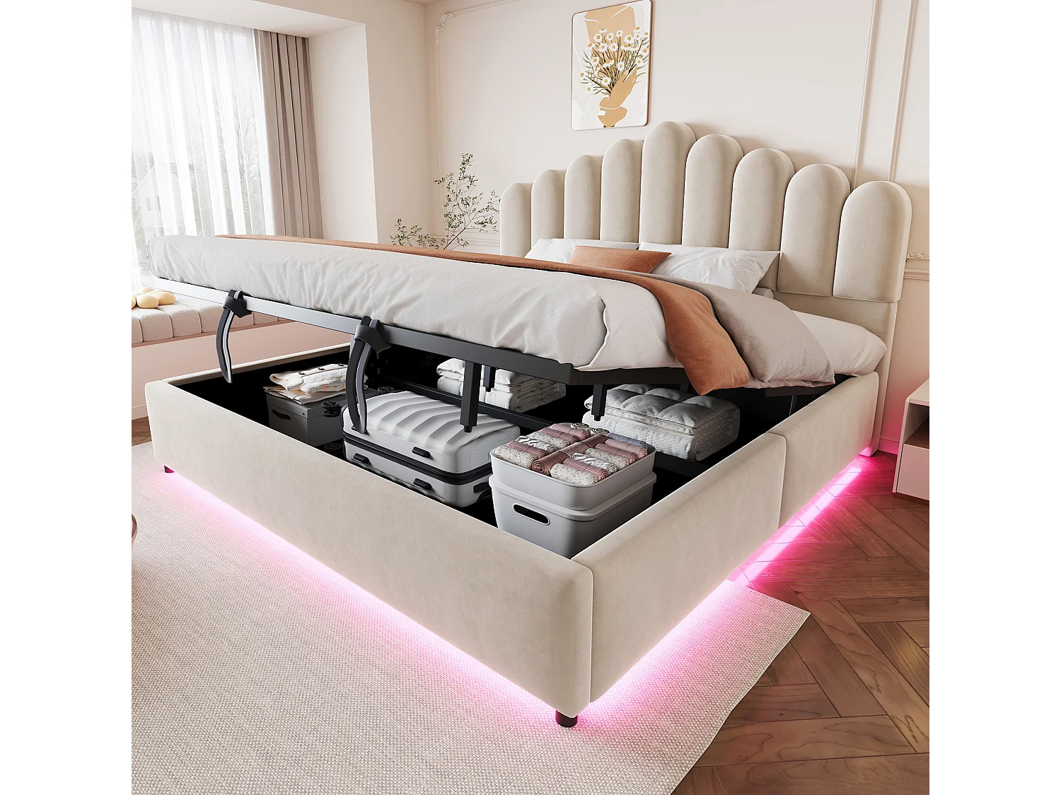 Łóżko z pojemnikiem 180x200 cm beżowe z aksamitu, oświetlenie LED, hydrauliczny system magazynowania, bez materaca