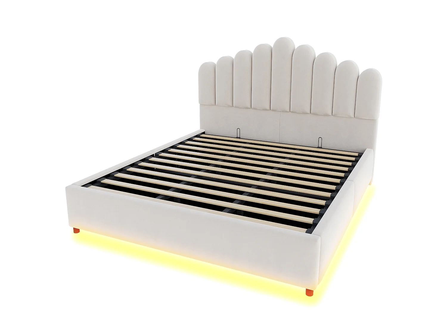 Łóżko z pojemnikiem 180x200 cm beżowe z aksamitu, oświetlenie LED, hydrauliczny system magazynowania, bez materaca