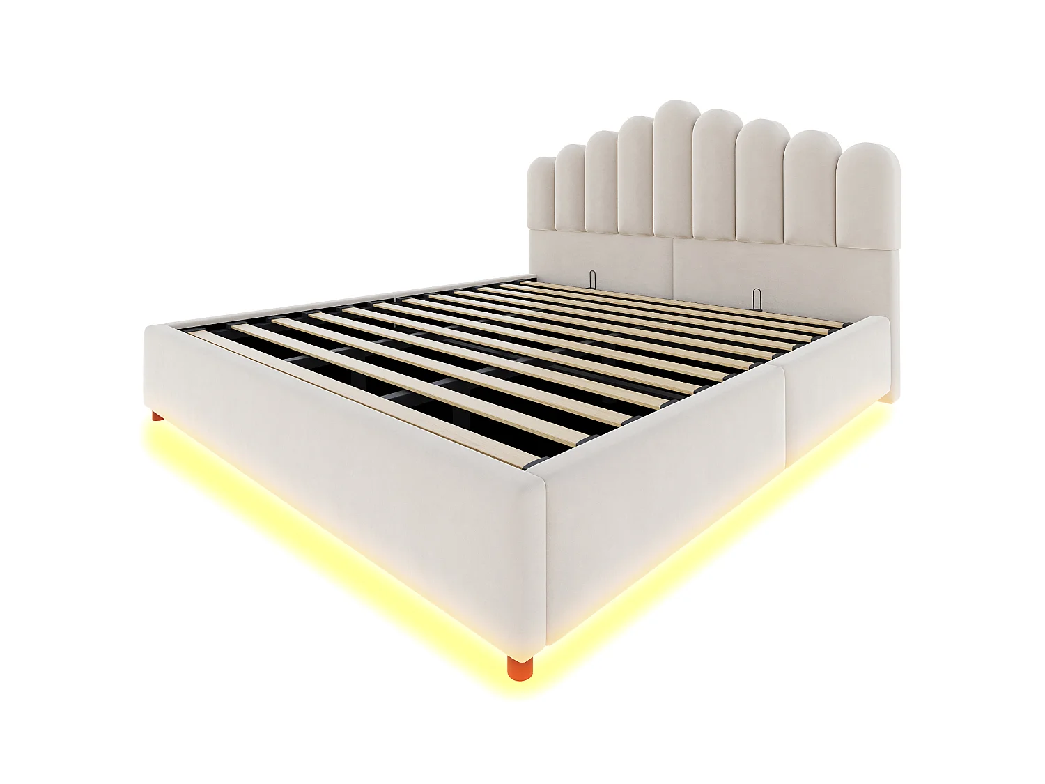 Łóżko z pojemnikiem 180x200 cm beżowe z aksamitu, oświetlenie LED, hydrauliczny system magazynowania, bez materaca