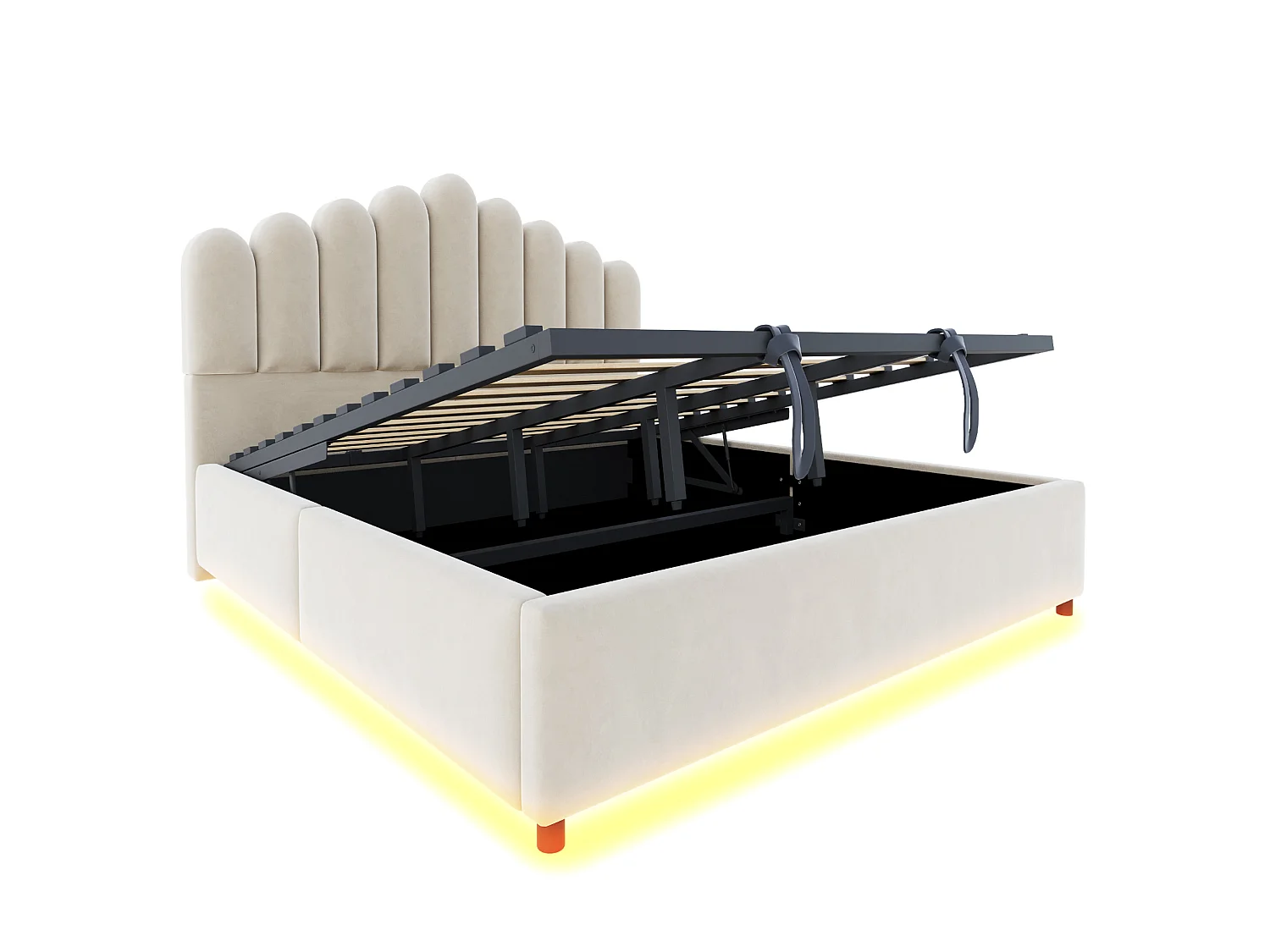 Łóżko z pojemnikiem 180x200 cm beżowe z aksamitu, oświetlenie LED, hydrauliczny system magazynowania, bez materaca