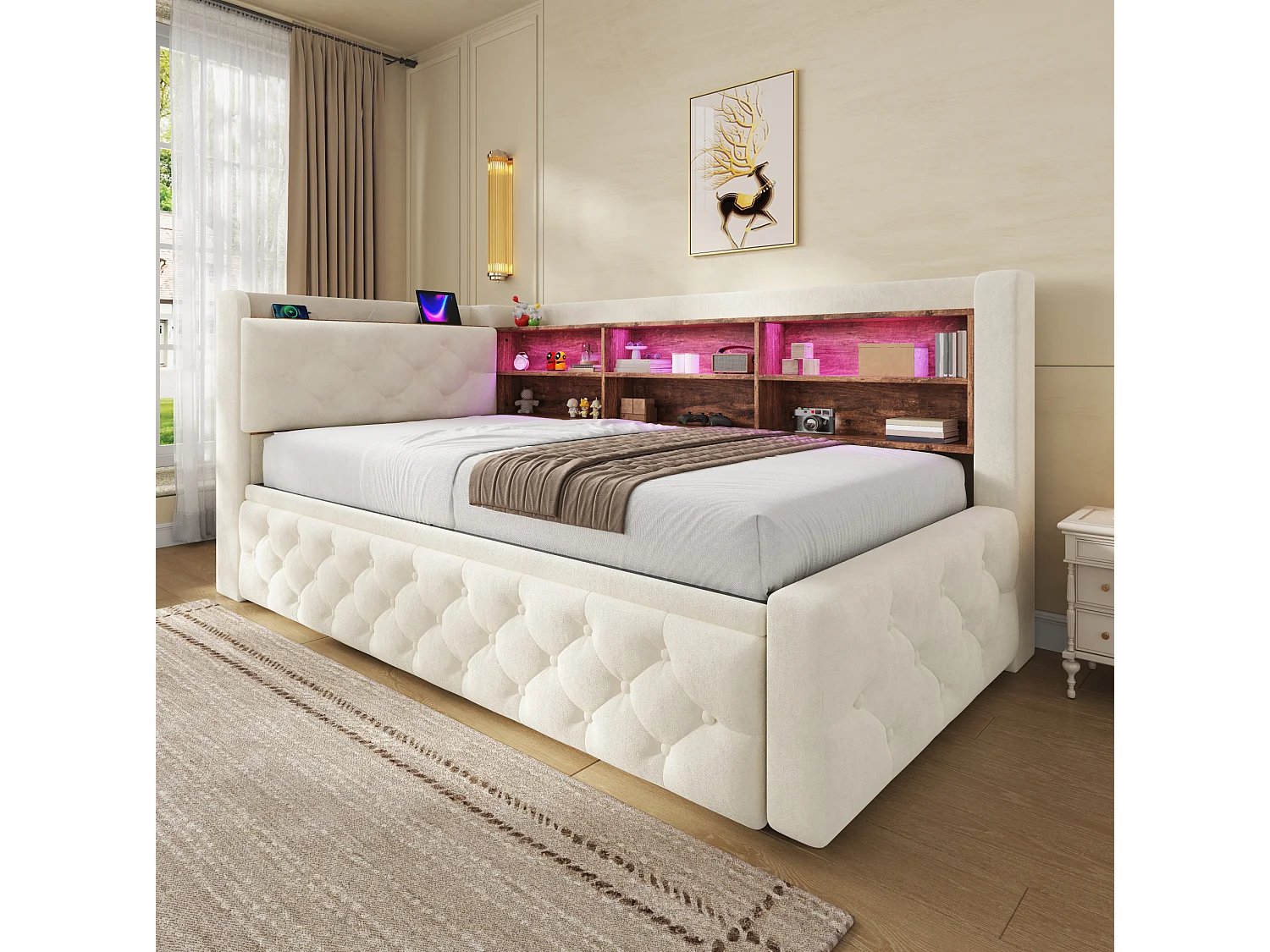 Lit gigogne 90x190 cm extensible en velours beige, rangement latéral, éclairage LED, ports USB et Type‑C, sans matelas