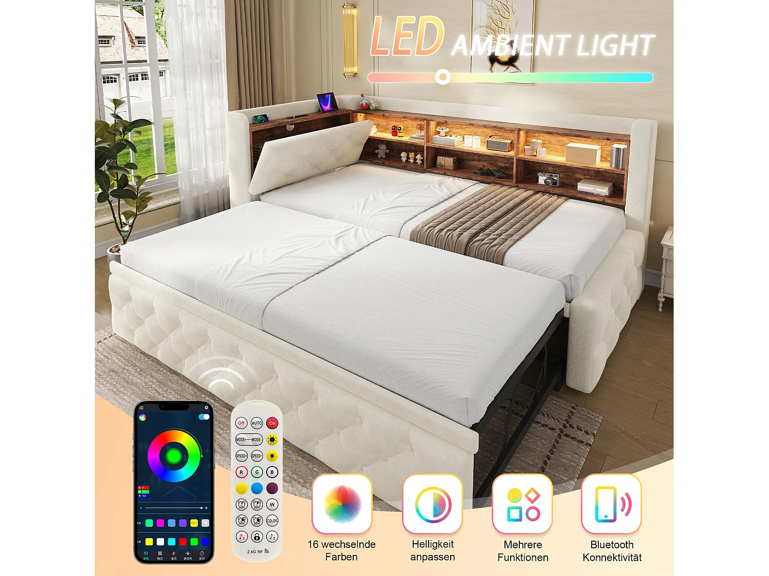 Lit gigogne 90x190 cm extensible en velours beige, rangement latéral, éclairage LED, ports USB et Type‑C, sans matelas