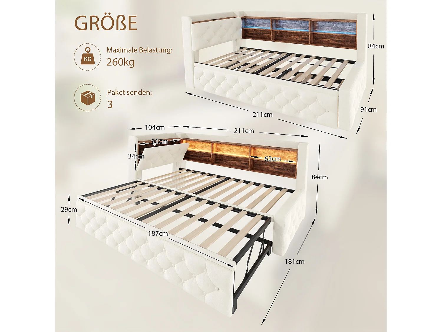 Lit gigogne 90x190 cm extensible en velours beige, rangement latéral, éclairage LED, ports USB et Type‑C, sans matelas
