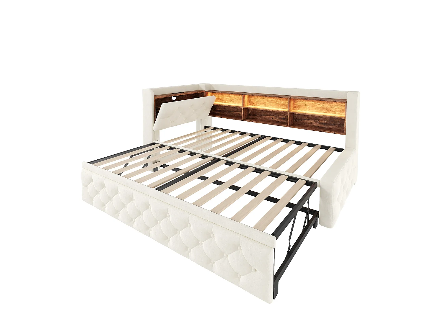Lit gigogne 90x190 cm extensible en velours beige, rangement latéral, éclairage LED, ports USB et Type‑C, sans matelas