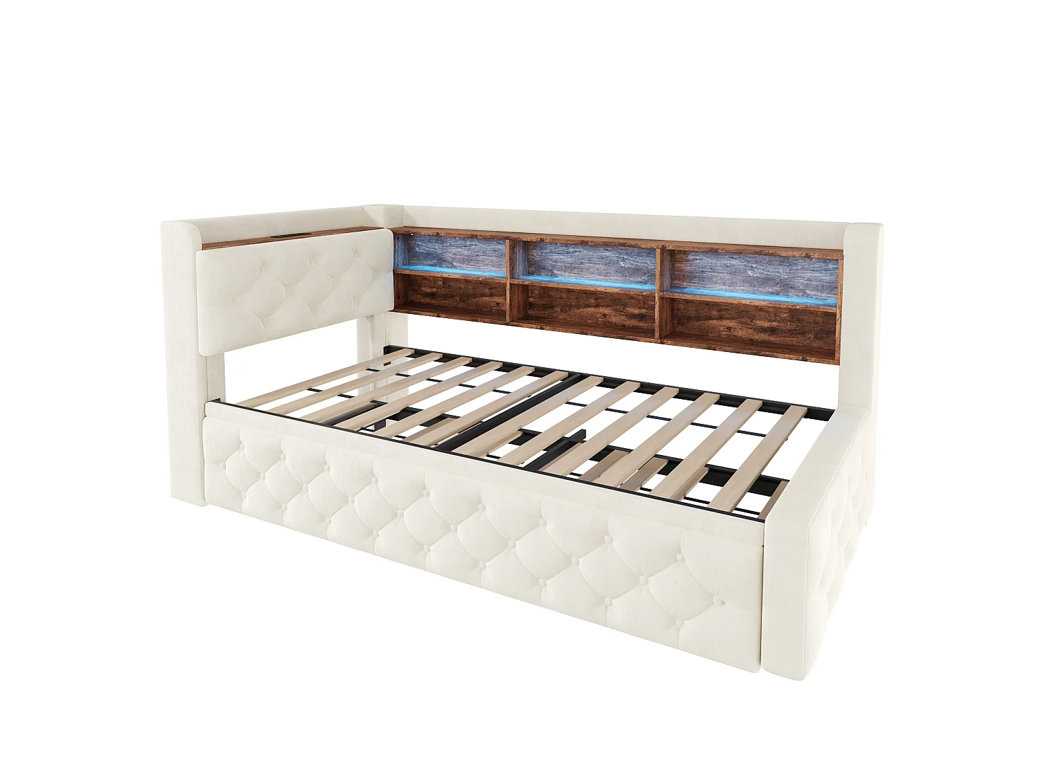 Lit gigogne 90x190 cm extensible en velours beige, rangement latéral, éclairage LED, ports USB et Type‑C, sans matelas