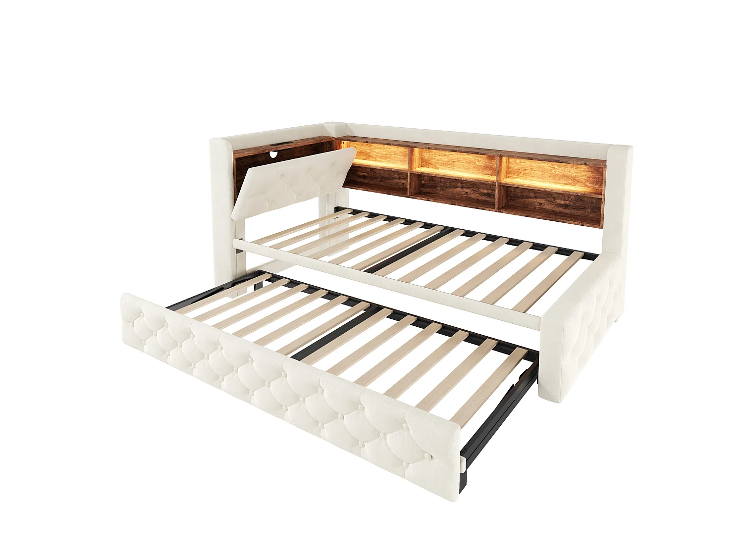 Lit gigogne 90x190 cm extensible en velours beige, rangement latéral, éclairage LED, ports USB et Type‑C, sans matelas