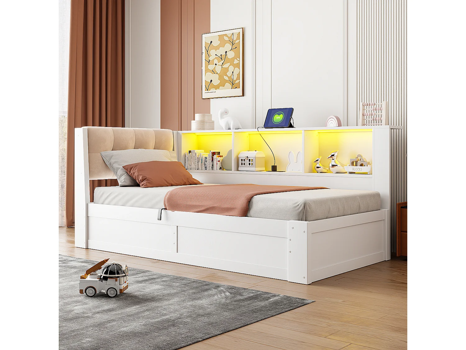 Lit coffre 90x200 cm en bois blanc, rangement latéral, étagère, éclairage LED et port USB, sans matelas