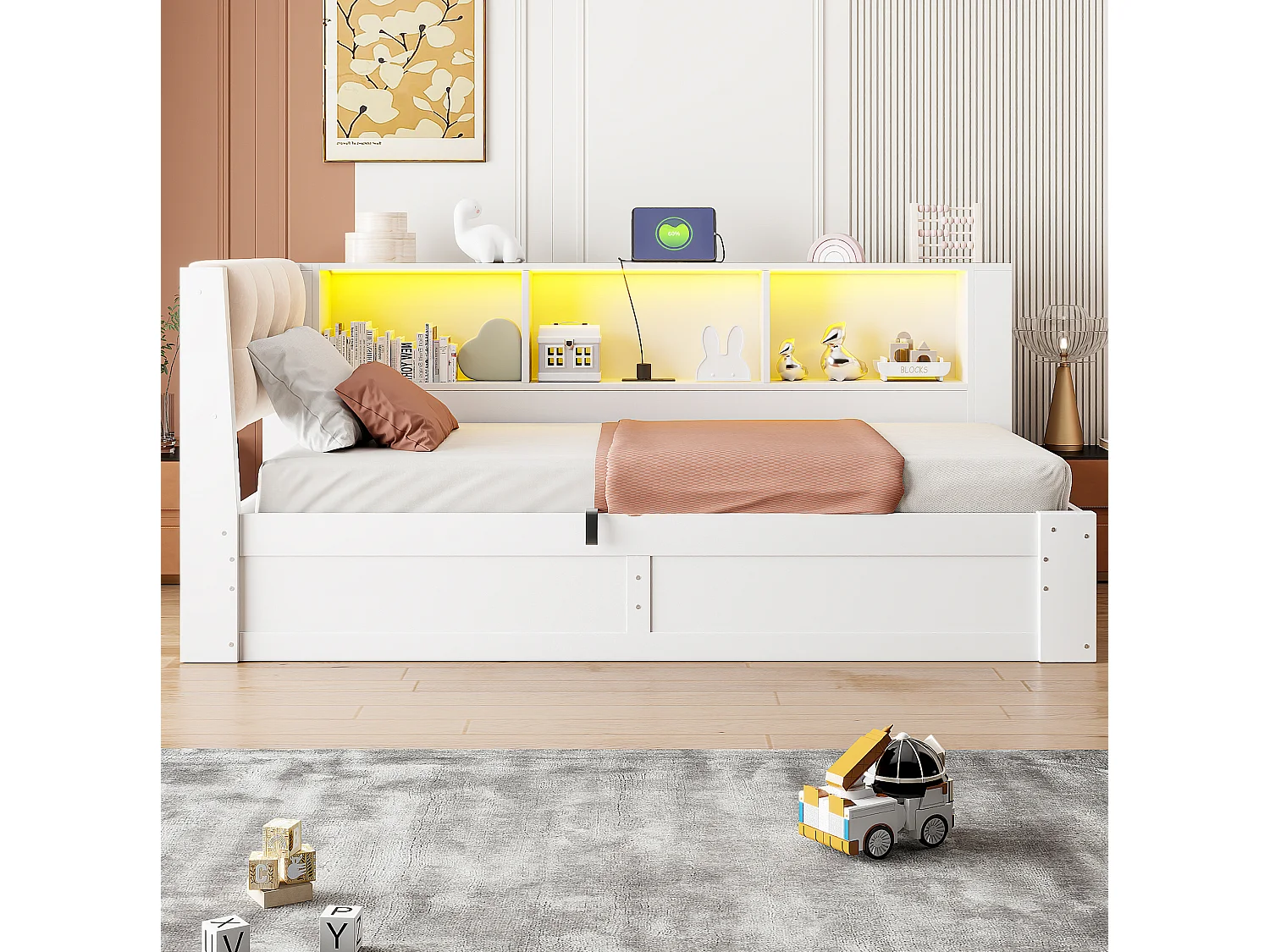 Lit coffre 90x200 cm en bois blanc, rangement latéral, étagère, éclairage LED et port USB, sans matelas