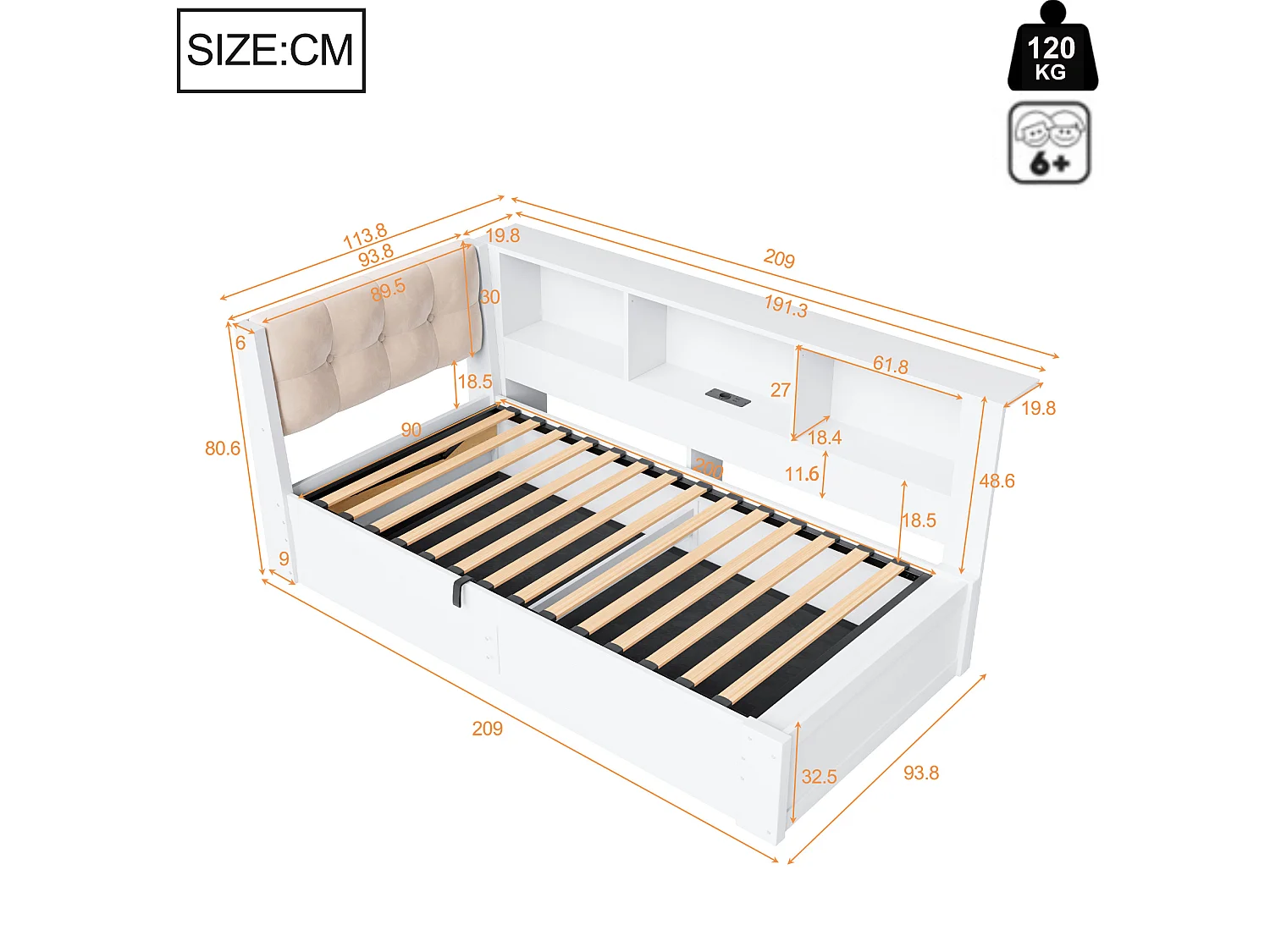 Lit coffre 90x200 cm en bois blanc, rangement latéral, étagère, éclairage LED et port USB, sans matelas